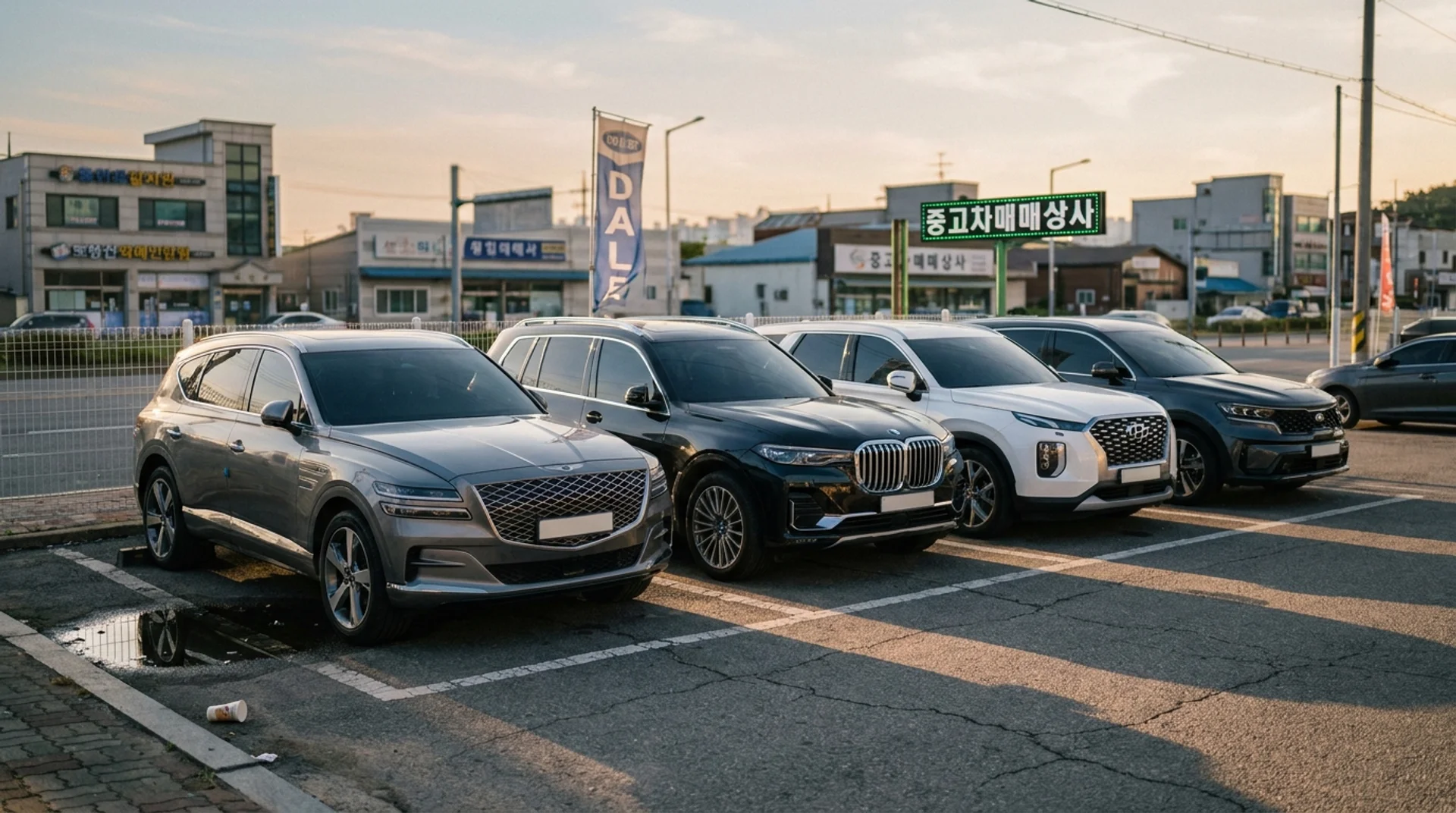 Четыре премиум-кроссовера на корейской дилерской стоянке: Genesis GV80, BMW X7, Hyundai Palisade и Kia Sorento